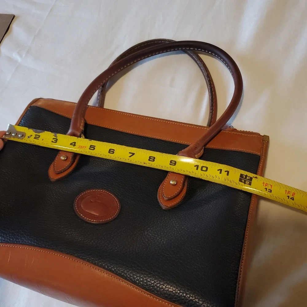 Dooney & Bourke Vintage All Weather Leather Tote Navy Blue Tan Brass Duck Fob